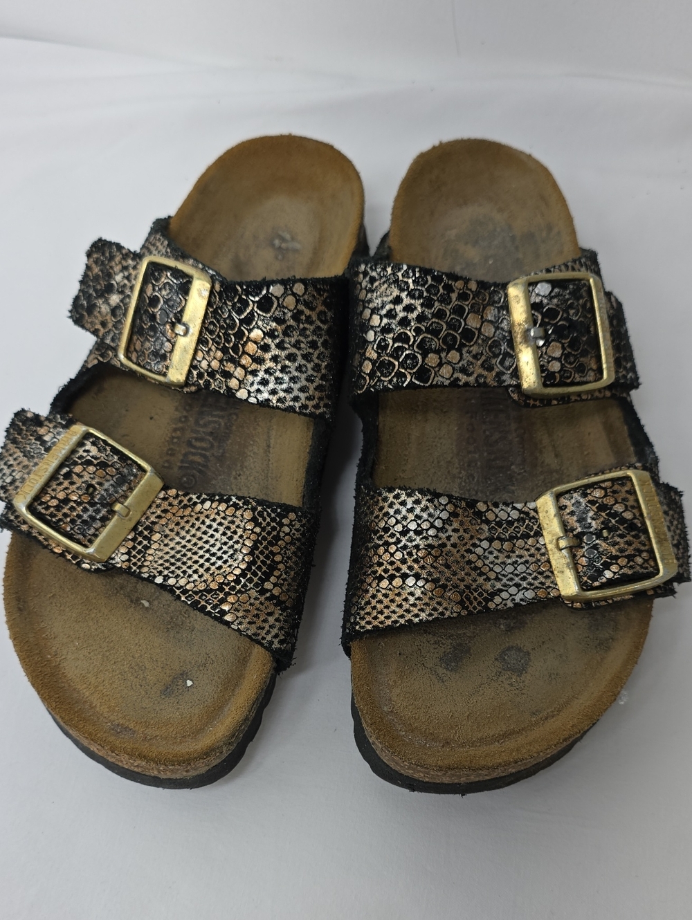 Birkenstock Soft Bed 37 240 Snake Skin 2-Strap Gold Tone 2 Buckle Silver Copper